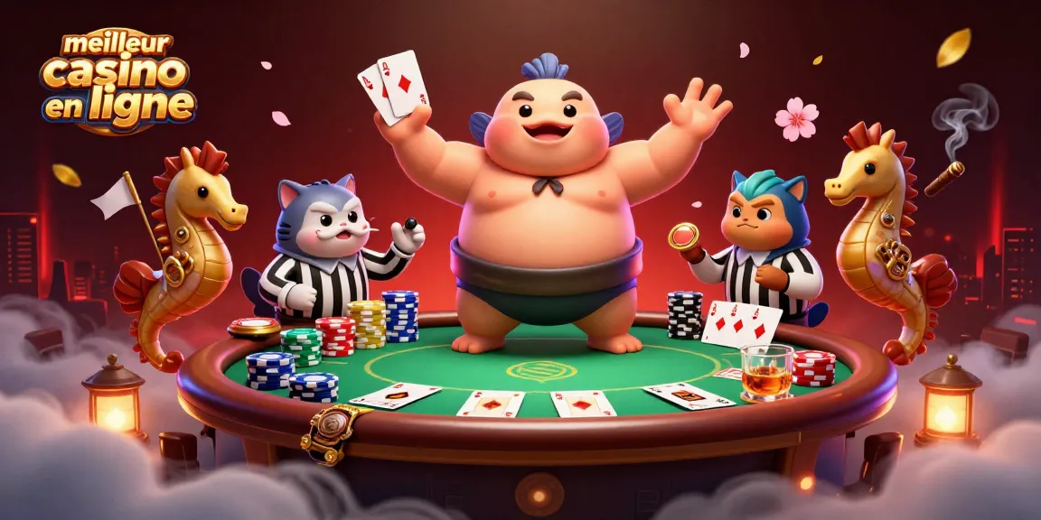 Découvrez le meilleur casino en ligne avec un fugu et des éléments de poker au centre d'une scène animée.