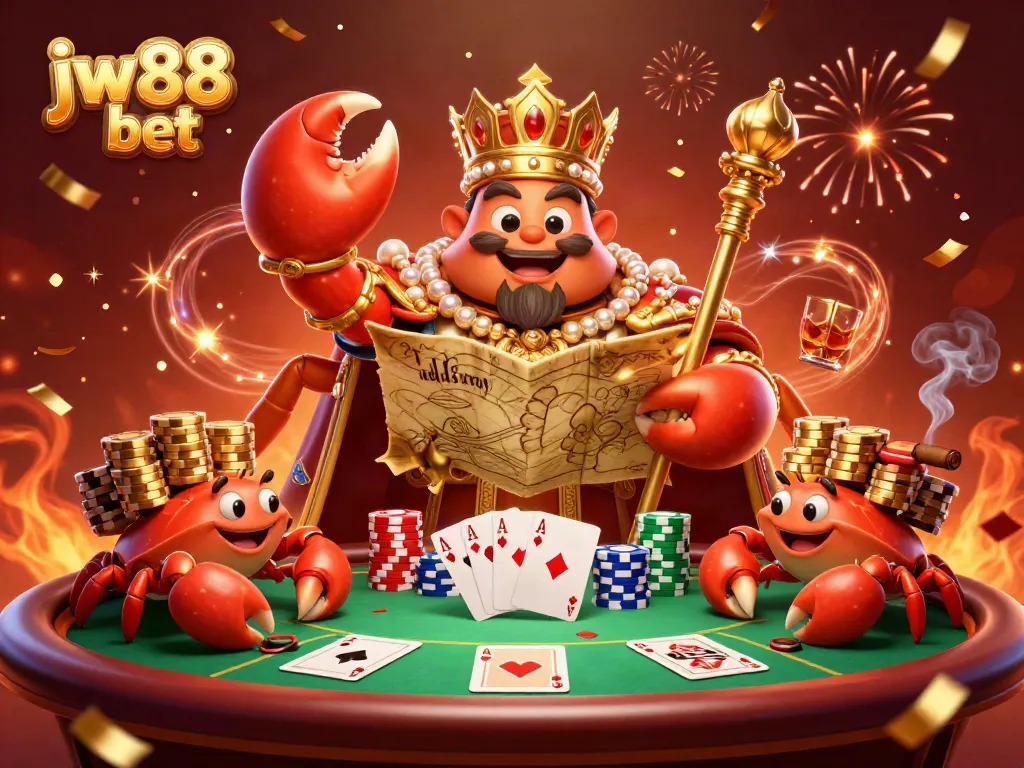 Join the excitement at jw88 bet with a vibrant 3D casino scene featuring a golden crab emperor and poker elements.