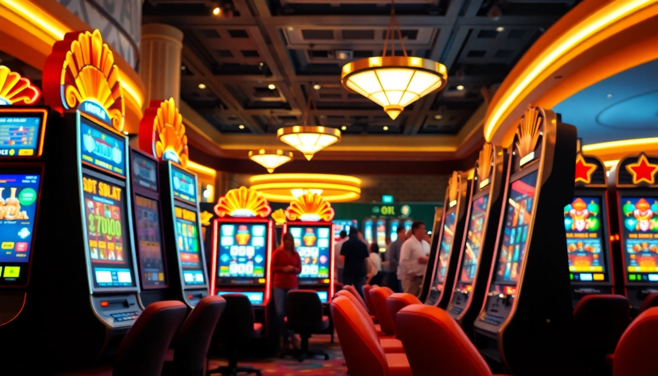Experience the thrill of slot gambling with colorful machines and a vibrant casino atmosphere.