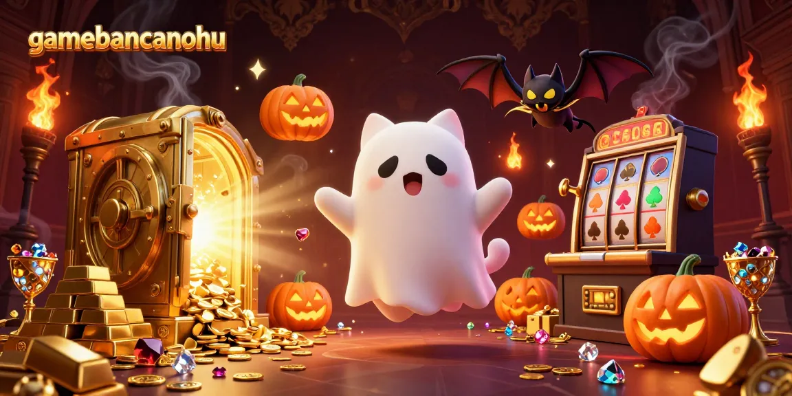 Engage with gamebancanohu's ghost cat in a haunted casino, surrounded by treasures and jackpots.