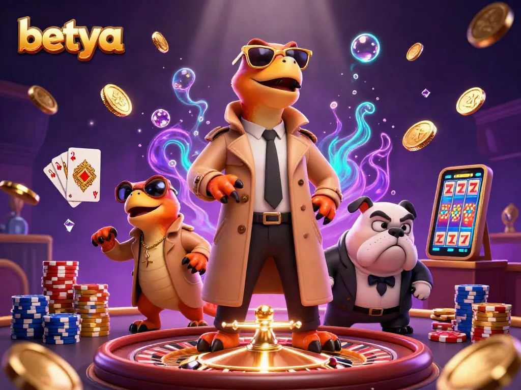 Raptors in a trench coat sneak into Betya casino with flamboyant flair, surrounded by casino elements.
