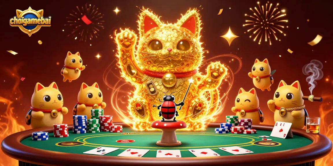 Experience the excitement of choigamebai with a vibrant poker scene featuring a magical lucky cat!