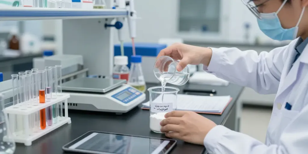 تحلیل شیمیایی مونو سدیم فسفات در آزمایشگاه با تجهیزات دقیق.