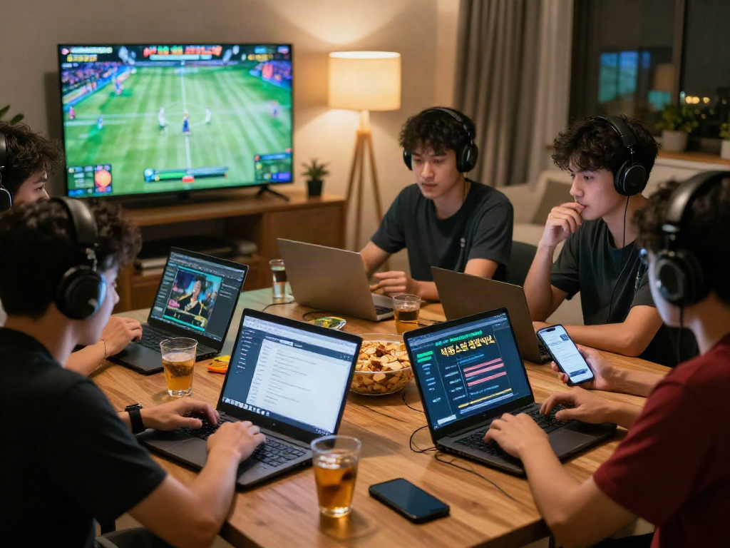 Engaged gamers discussing 먹튀스팟 검증사이트 in a cozy living room, emphasizing safety in online betting.