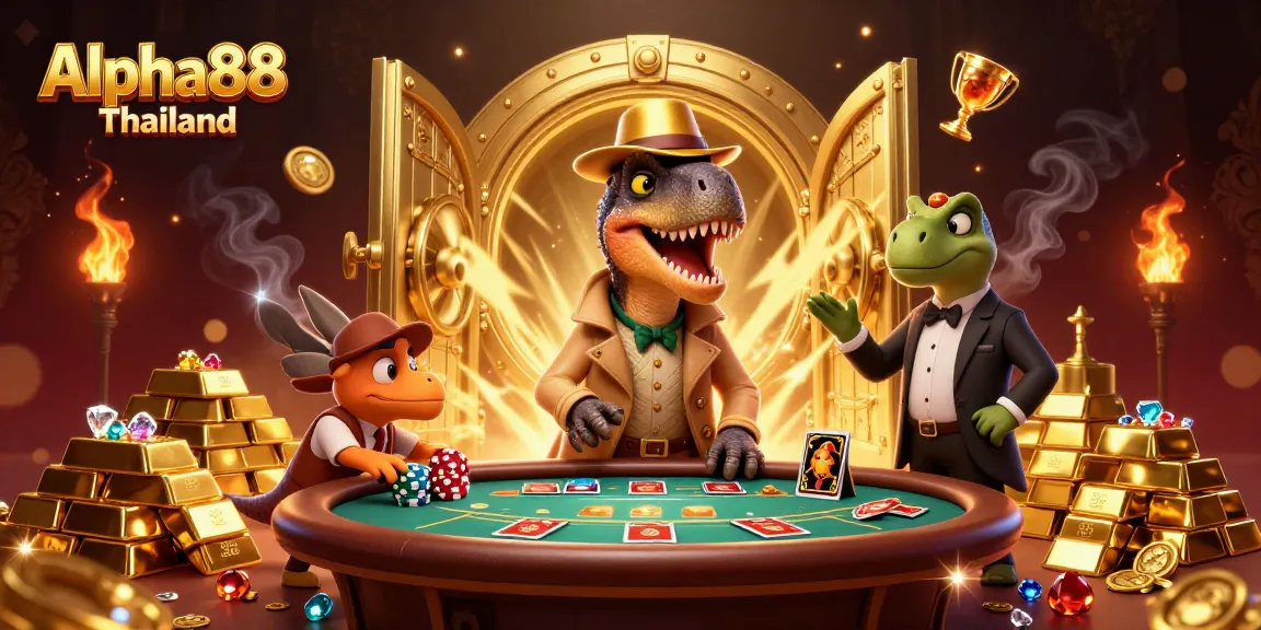 Experience Alpha88 Thailand's thrilling promotions while encountering lively dinosaur characters at a vibrant casino scene.