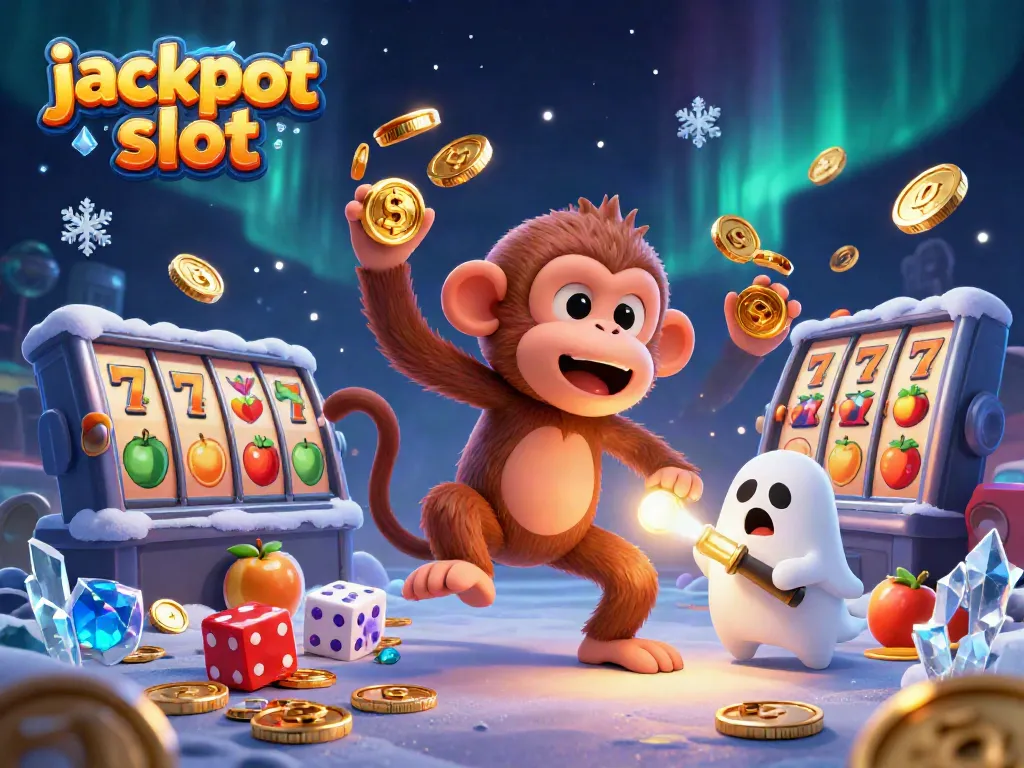 Experience the thrill of jackpot slot with a playful monkey and curious puppy in a vibrant casino scene.