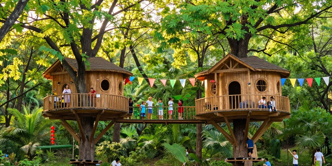 Treehouses nestled in a vibrant green forest with children playing and adults relaxing.