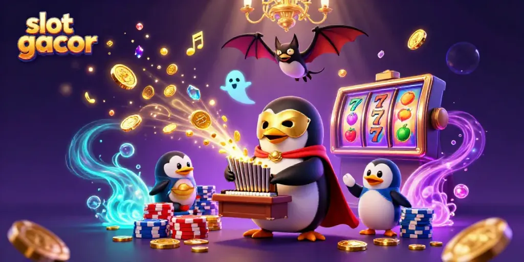 Menggunakan slot gacor, penguin opera yang berpenampilan kartun memainkan organ pipa yang melepaskan koin emas.