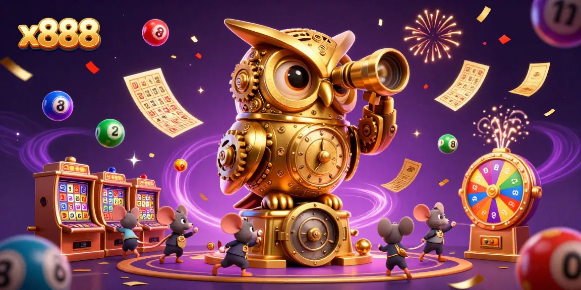 x888 engages players with vibrant casino elements and a whimsical owl amidst colorful lottery excitement