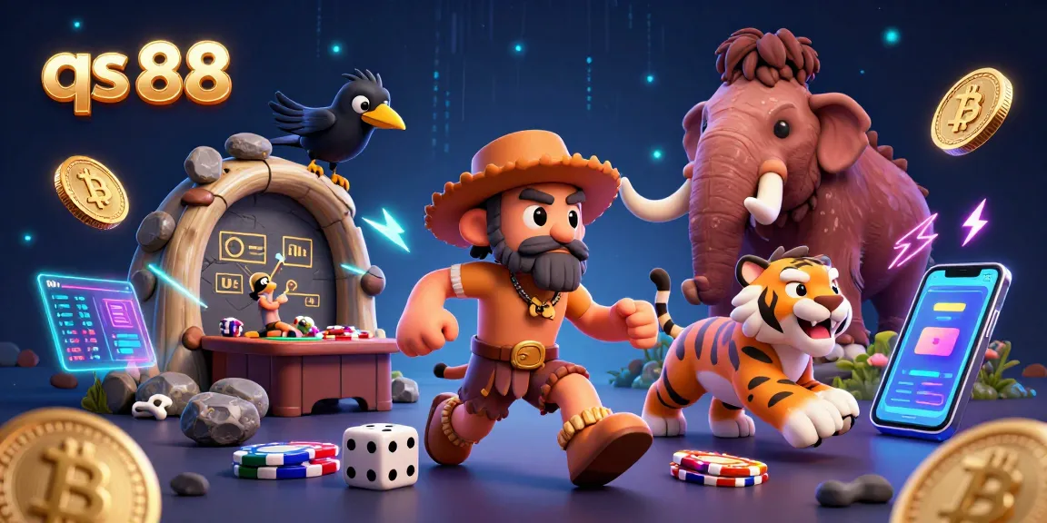 Engage in thrilling gaming at qs 88, featuring a vibrant prehistoric casino with 3D characters.