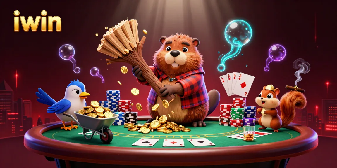 Experience iwin's exciting casino atmosphere with cartoon characters and poker elements.