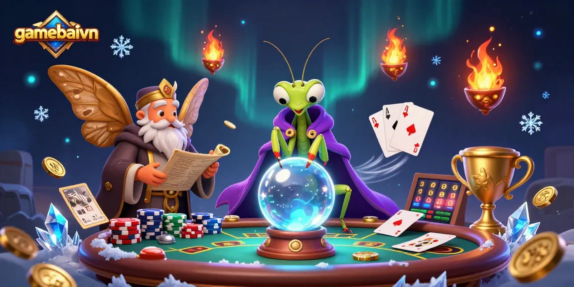 Engage with gamebaivn's poker scene featuring a fortune teller and mystical elements for thrilling gameplay.