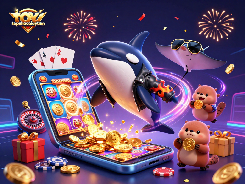 topnhacaiuytinn's vibrant 3D casino illustration features an orca whale and sea otters celebrating while holding coins.