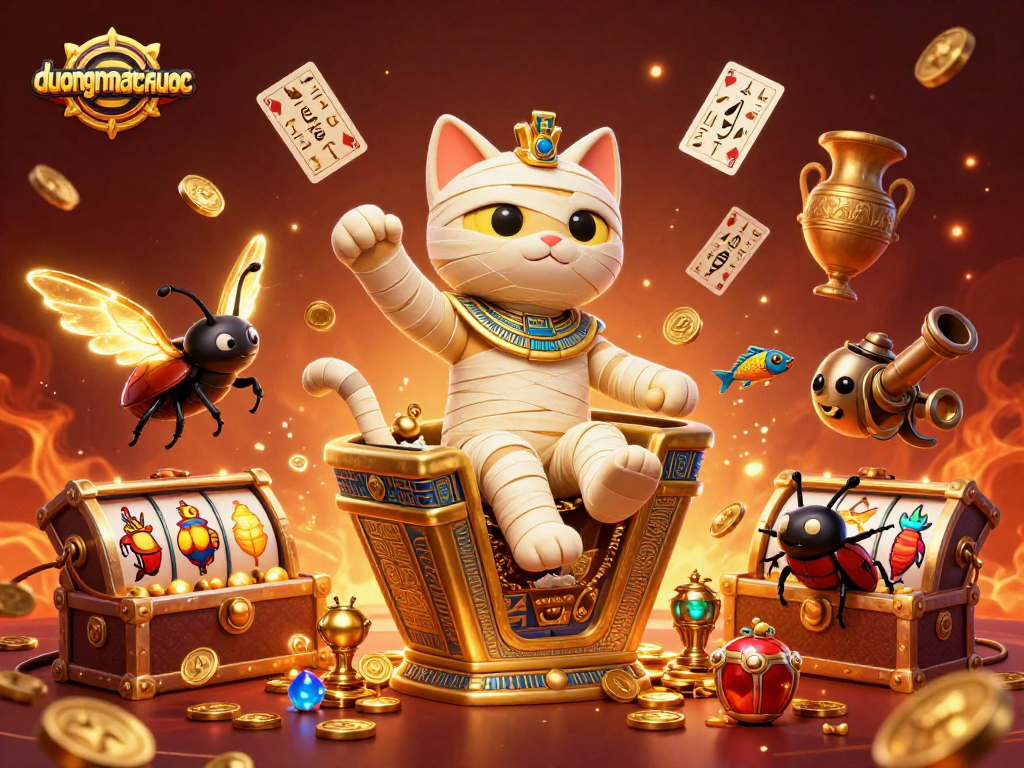 Engage in duongmatchuoc with the vibrant casino scene featuring a lively mummy cat and golden treasures.