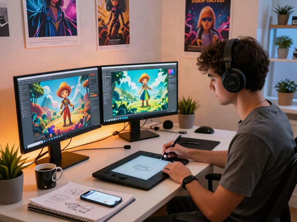 AI porn artist creating immersive digital content in a vibrant workspace.