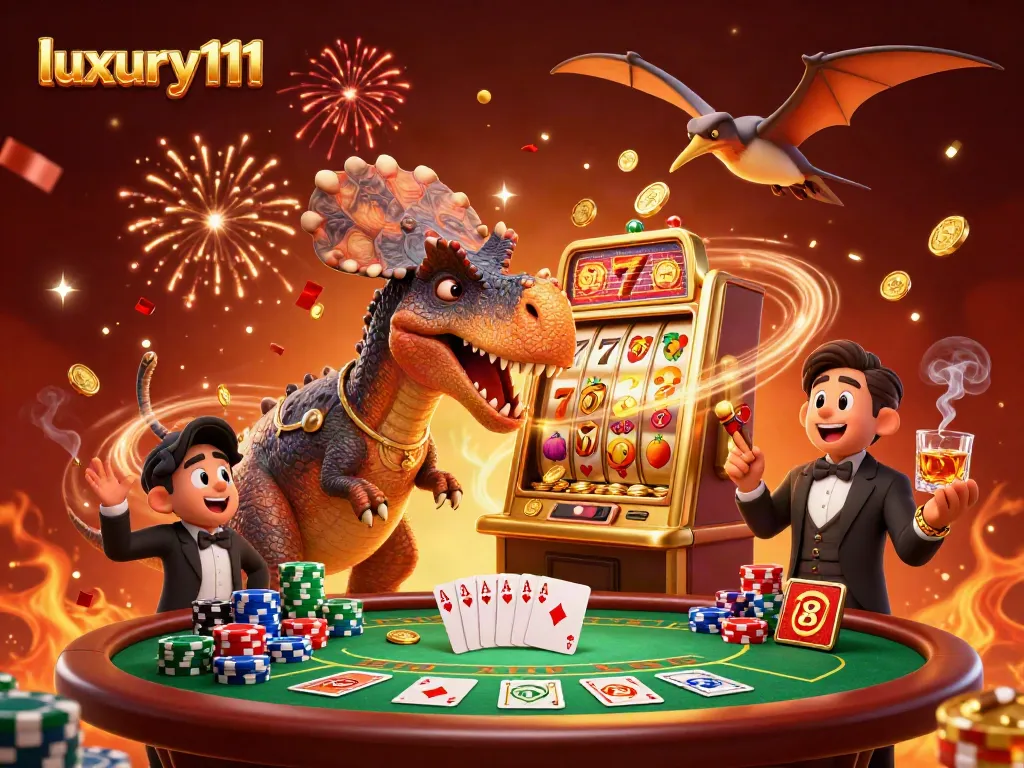Celebrate big wins with luxury111 at the vibrant casino illustration featuring dinosaurs and golden prizes.