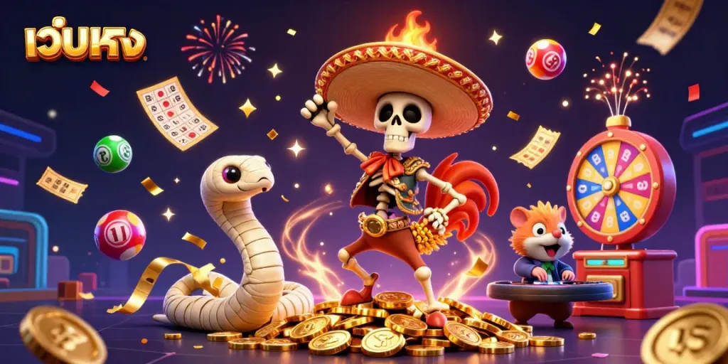 Engage with เว็บตรง gaming featuring vibrant characters and dynamic casino elements in a festive celebration.
