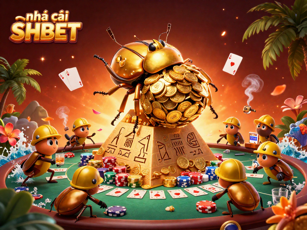 Experience the thrill of Nhà cái SHBET with vibrant casino elements and golden treasure in a vivid illustration.
