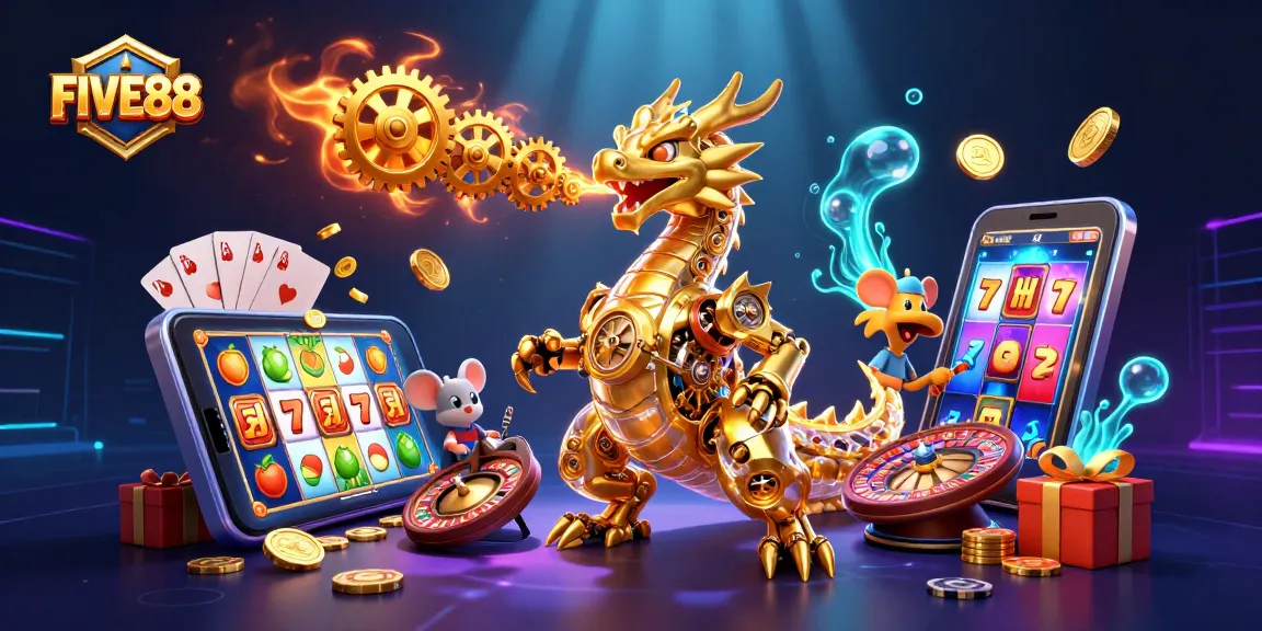 Experience thrilling gameplay with FIVE88, showcasing a dragon amidst vibrant casino elements.