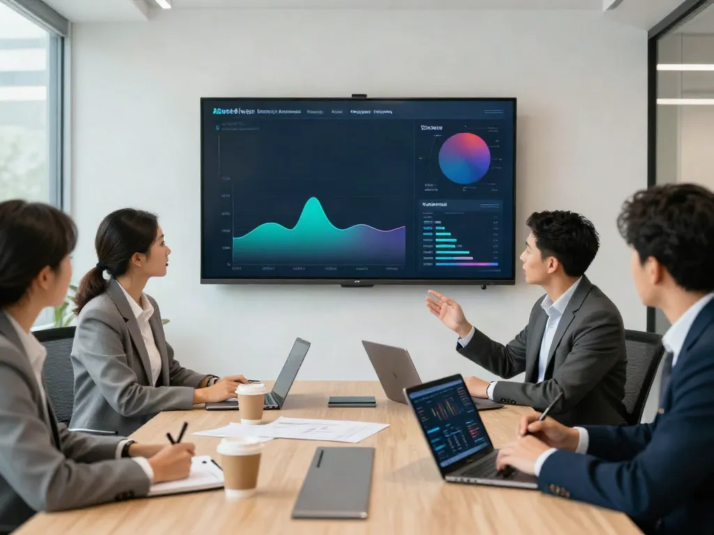 Team collaborating on distressed business advisory strategies in a modern office setting with financial data visualizations.