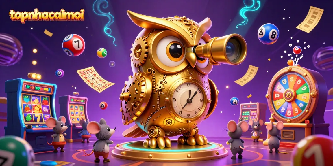 topnhacaimoi showcases a lively casino scene with a golden owl and colorful lottery elements.