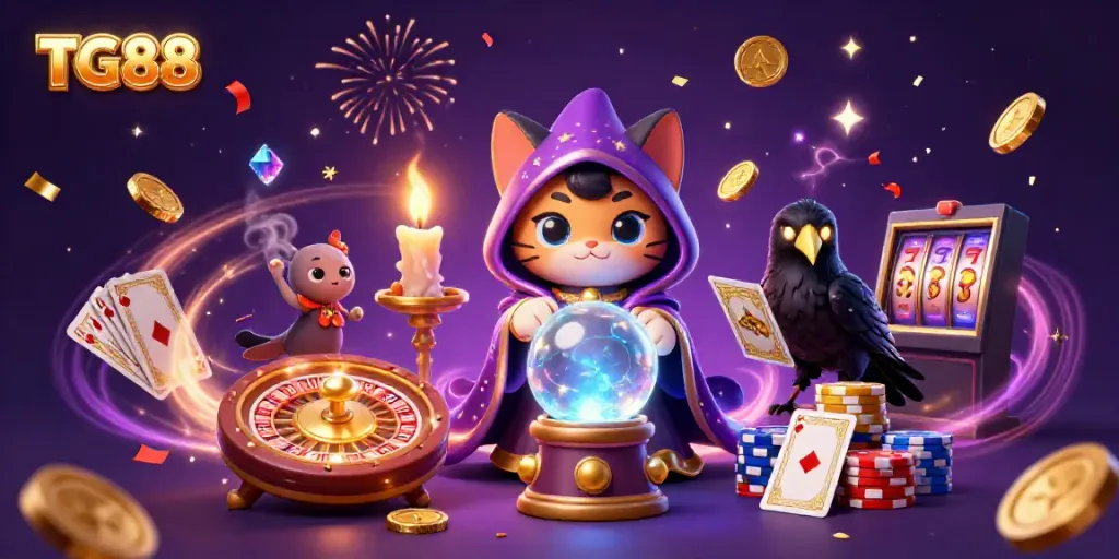 Experience the thrilling world of TG88 with a mystical cat, raven, and dynamic casino elements in a vibrant scene.
