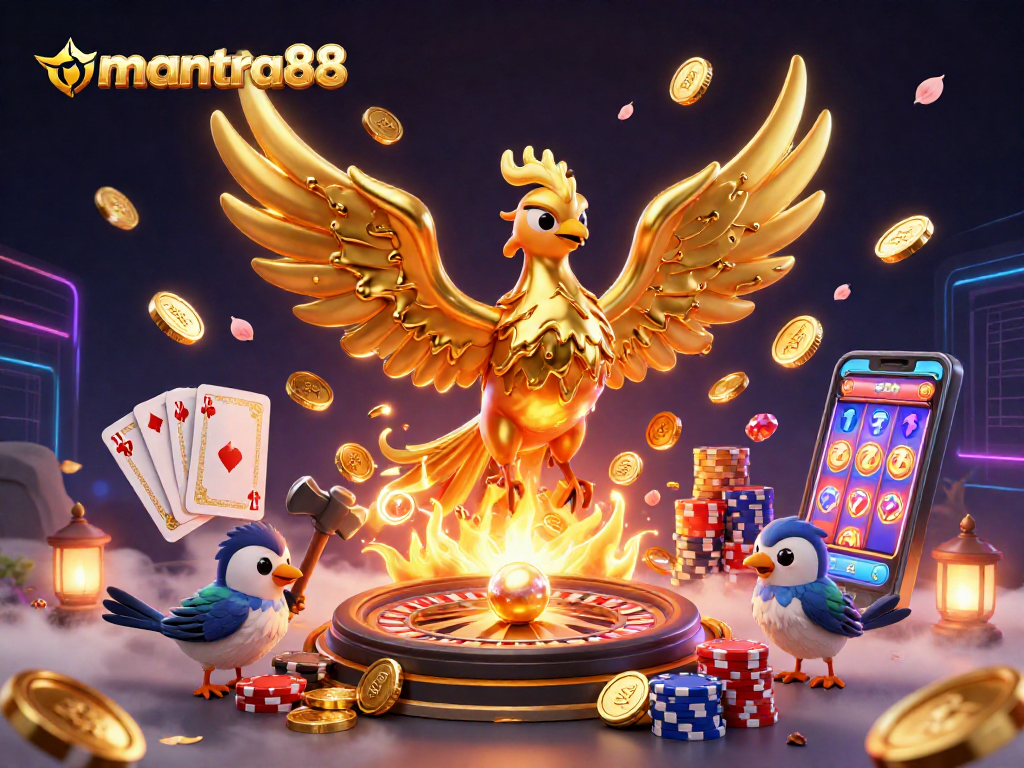 Experience the excitement of mantra88 with a 3D phoenix and dazzling casino elements bursting with action.
