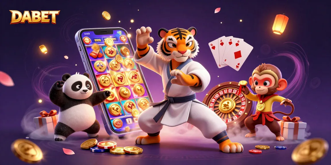 DABET's vibrant 3D scene showcases a kung fu tiger and friends enjoying casino games, embodying fun.