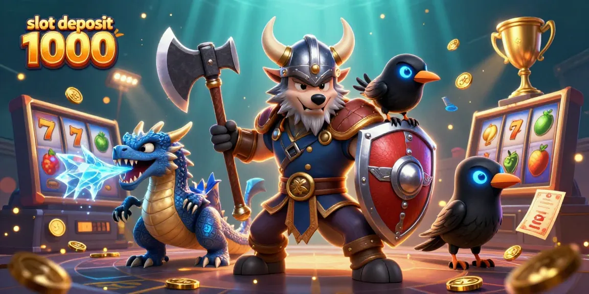 Spin to win with slot deposit 1000 as dynamic slot elements surround a Viking warrior, fierce dragon, and glowing raven.