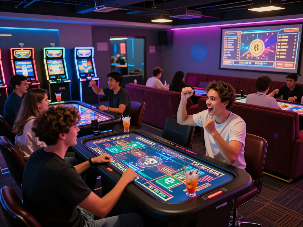 Exciting atmosphere in a crypto casino with players at digital tables celebrating wins.