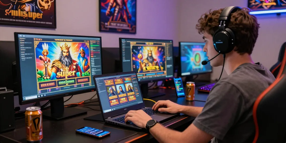 Engaging scene of a player immersed in online slot super games, highlighting vibrant Zeus-themed graphics and gaming accessories.