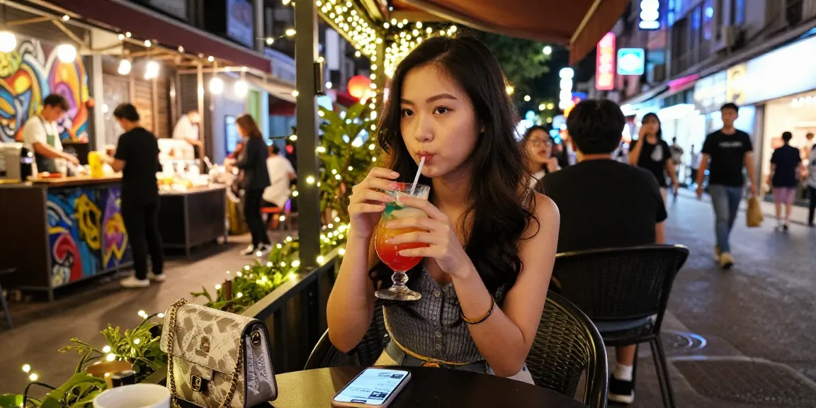 Hình ảnh gái gọi vui vẻ thưởng thức cocktail tại quán cà phê ở thành phố.