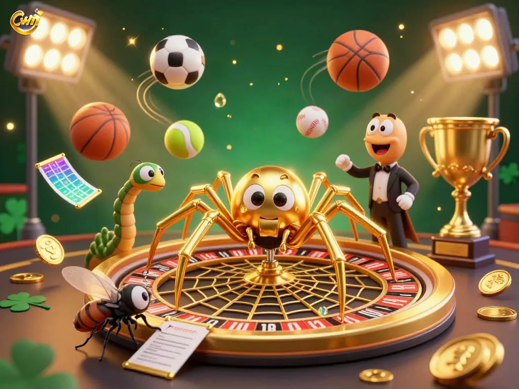 Cwin's spirited gambling scene featuring a golden spider croupier and a betting fly amidst a vibrant gambling atmosphere.