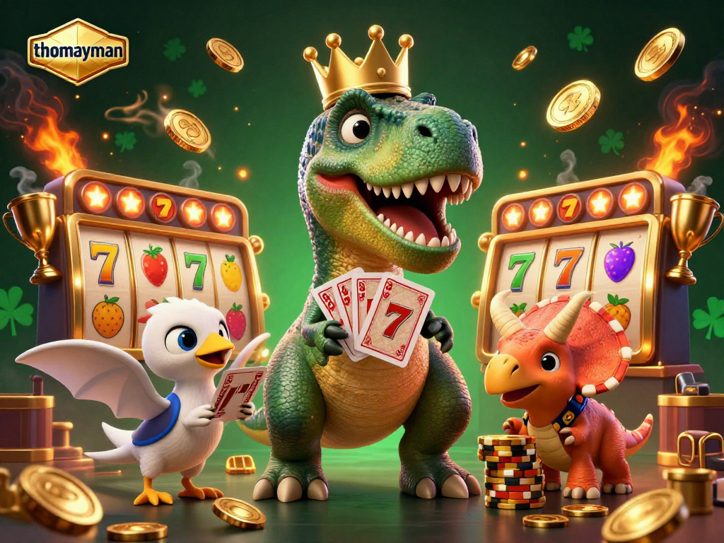 Engage in thrilling play with thomayman featuring vibrant scenes of a T-Rex and friends in a dynamic slot game.