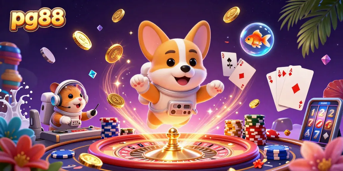 Experience pg88's vibrant casino atmosphere with a fun floating scene featuring gaming elements and characters.