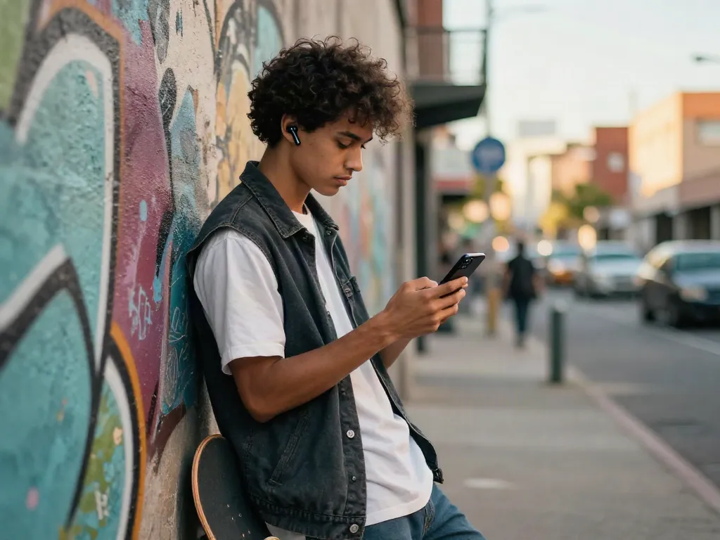 That guy in trendy streetwear checking smartphone against urban graffiti backdrop, showcasing modern youth culture.