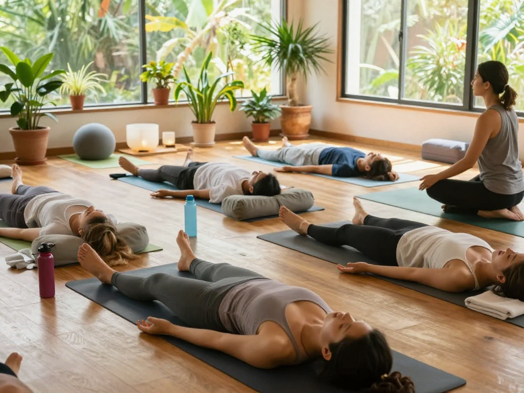 Group practicing mantra88 meditation and yoga in a tranquil studio.