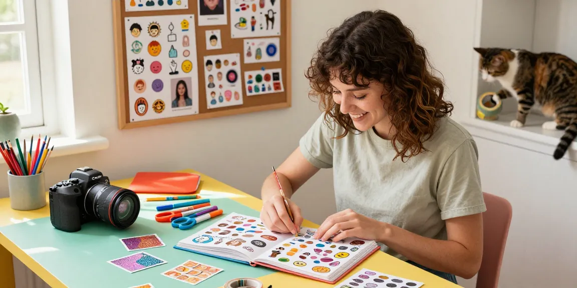 Creating a vibrant reusable sticker book filled with colourful stickers in a sunny crafting space.