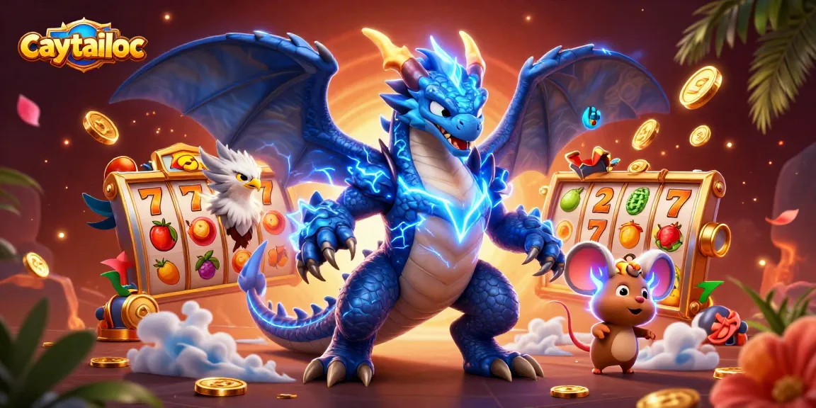 Play slots with caytailoc, featuring a vibrant 3D thunder dragon and jackpot action.