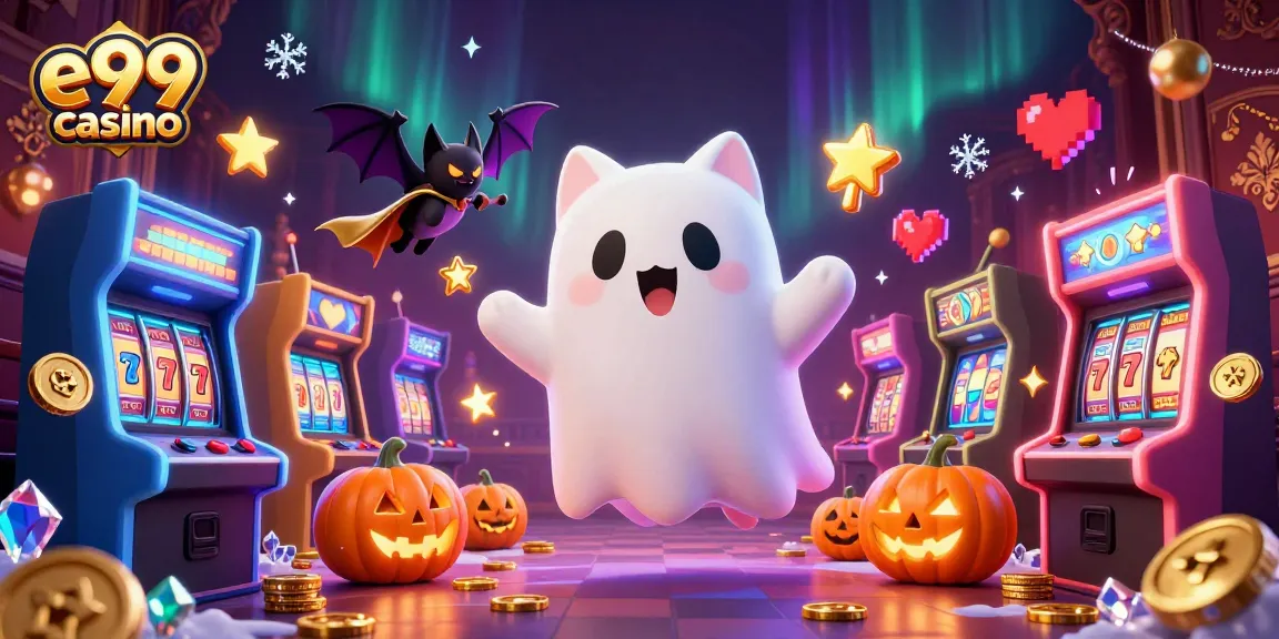 Play at e99 casino surrounded by colorful animated characters in a haunted casino.