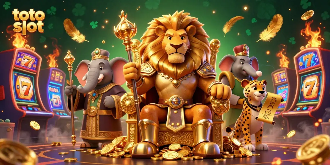 Gambarkan pengalaman terhebat toto slot dengan raja singa dan simbol keberuntungan di kasino.