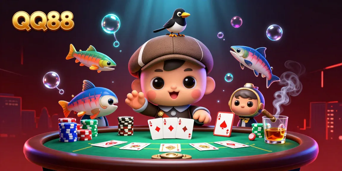 Bet on QQ88 with playful cartoon Nessie and a poker game scene full of excitement.