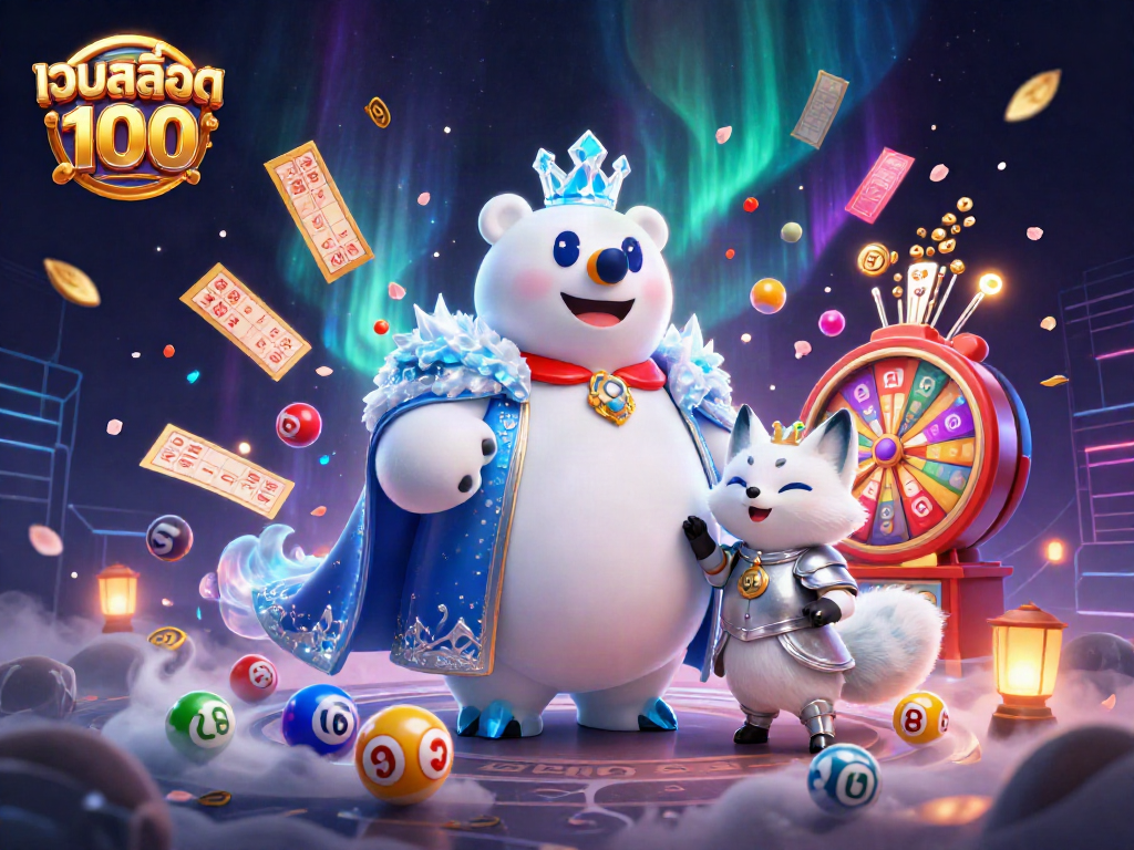 Engaging lottery scene of เว็บสล็อต แท้ 100 เปอร์เซ็นต์ with a polar bear and fox illuminating a vibrant casino atmosphere.