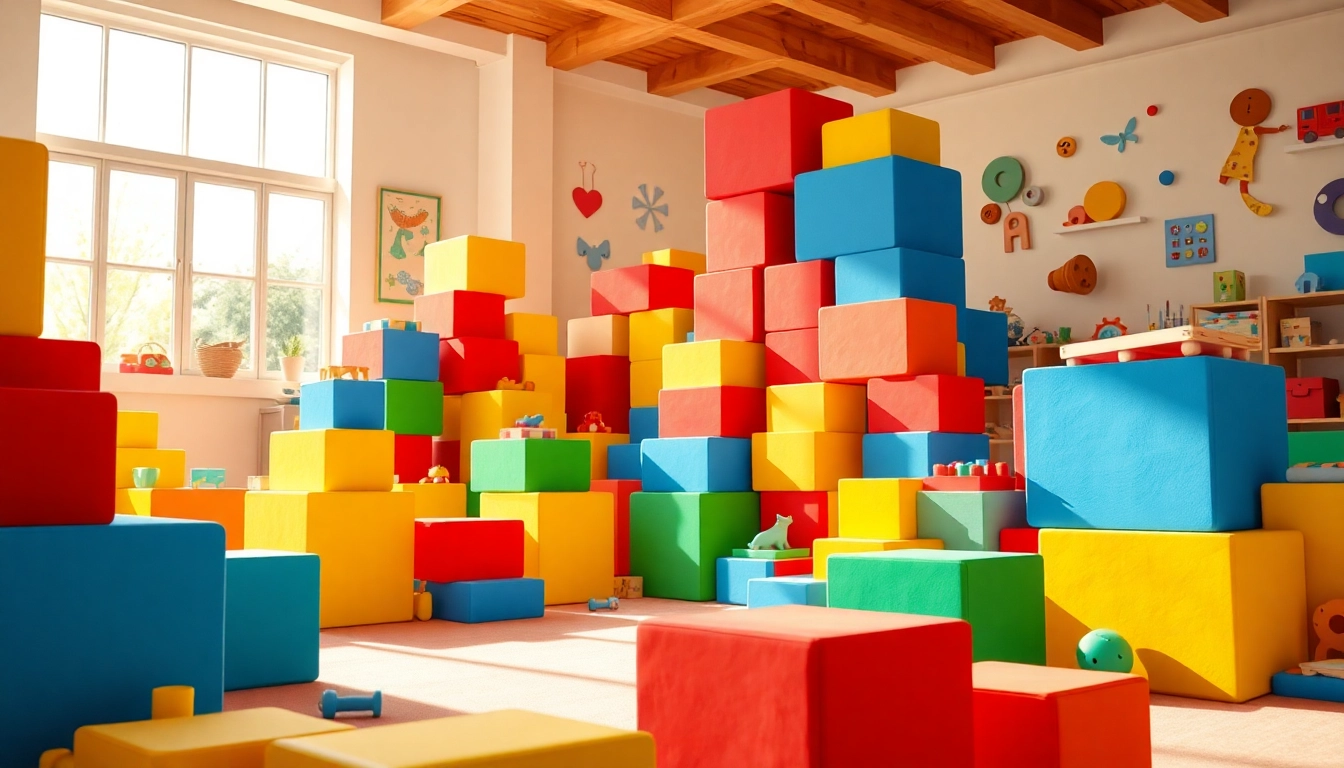 Get the details of colorful foam building blocks in a cheerful indoor playroom setting.