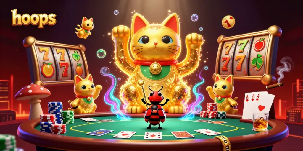 Craft dynamic hoops as golden fireflies form casino symbols with poker elements.
