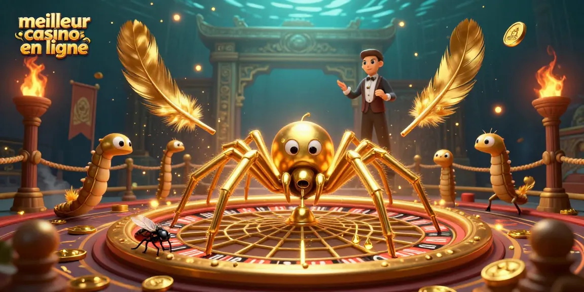 Célébrez le meilleur casino en ligne avec une illustration dynamique de personnages de casino et une roulette.