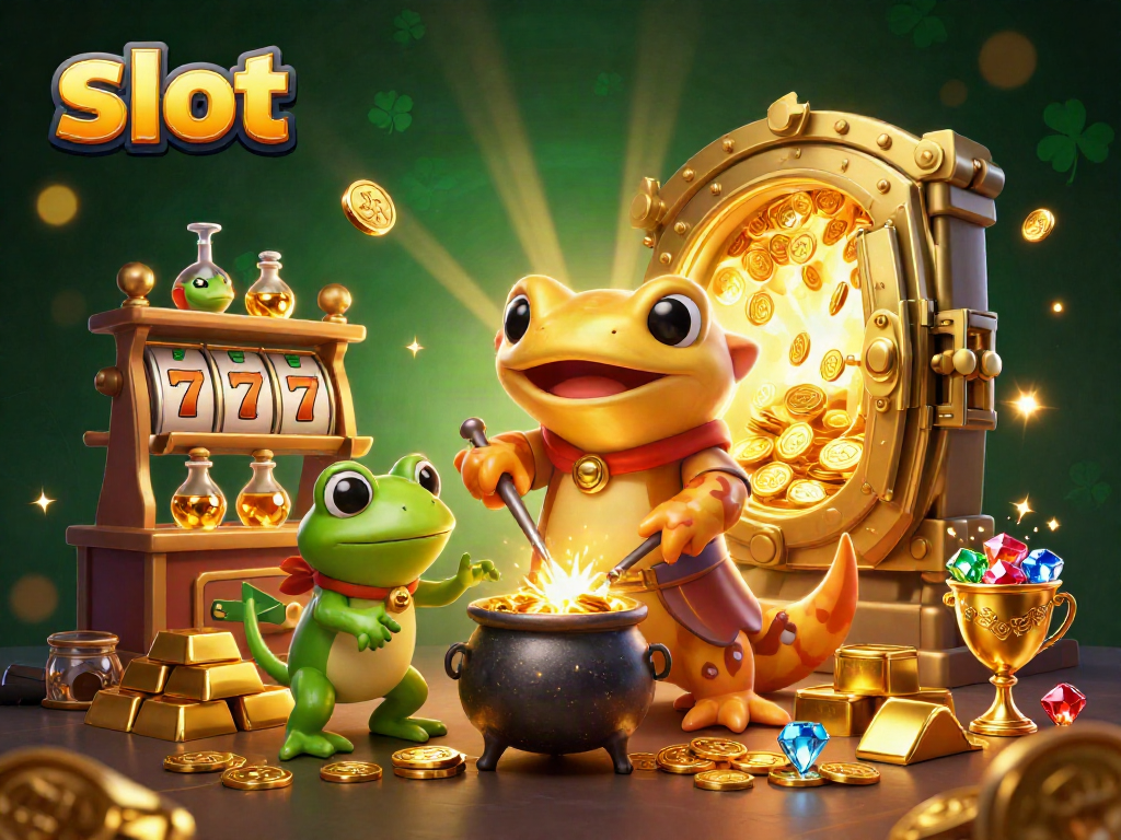 Spin the slot reels with golden salamander alchemist crafting treasures in a vibrant casino scene.