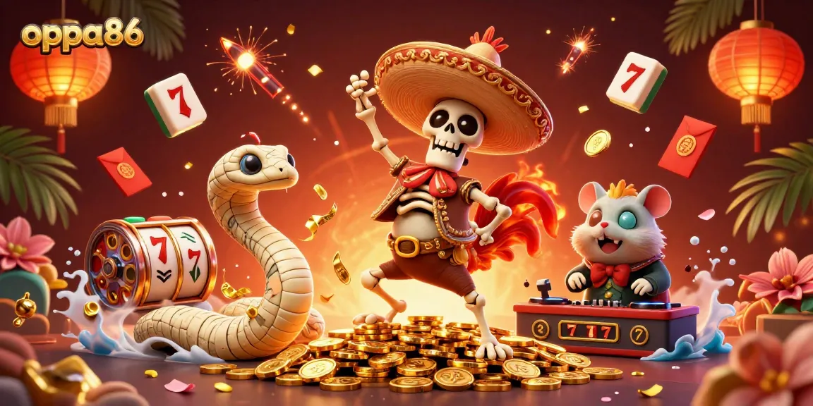 oppa86 showcases a vibrant 3D scene of a dancing rooster, mummy snake, and DJ hamster amidst casino slot games.