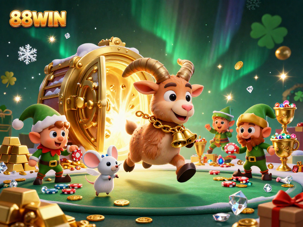 Experience thrilling entertainment at 88WIN's vibrant casino, featuring festive characters and sparkling treasures.