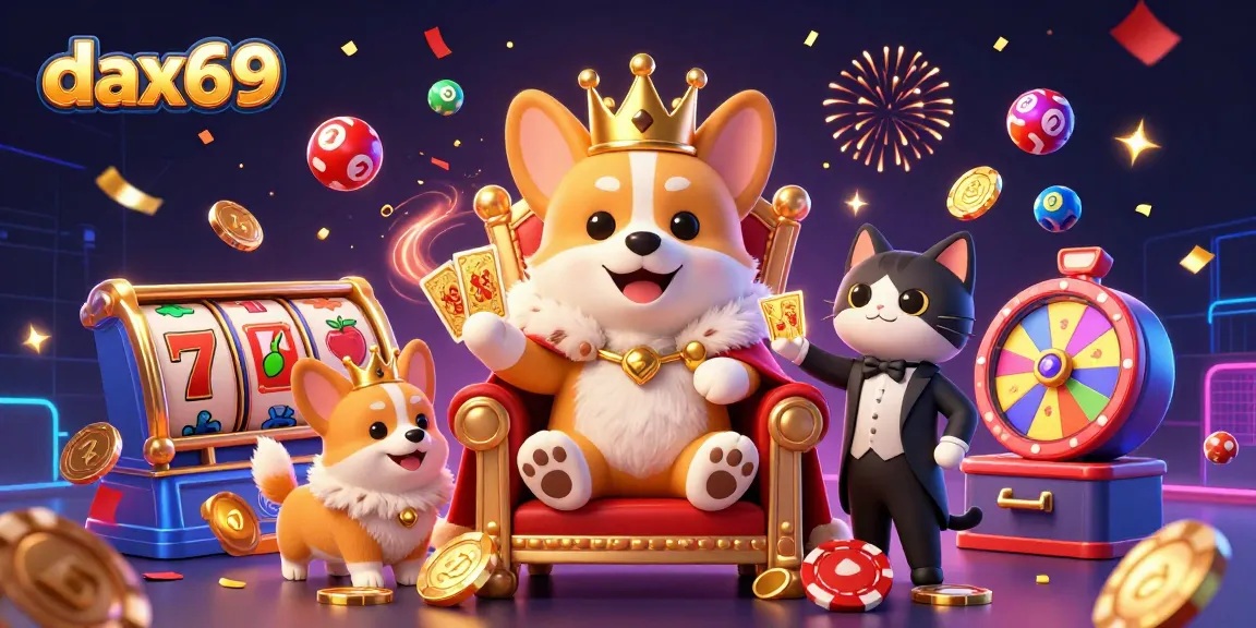 Visualisasi meriah Dax69 dengan corgi raja, kucing butler, dan elemen slot serta lotere yang dinamis.